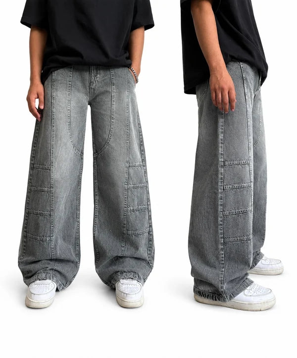 WASHED PANEL WIDE-LEG DENIM