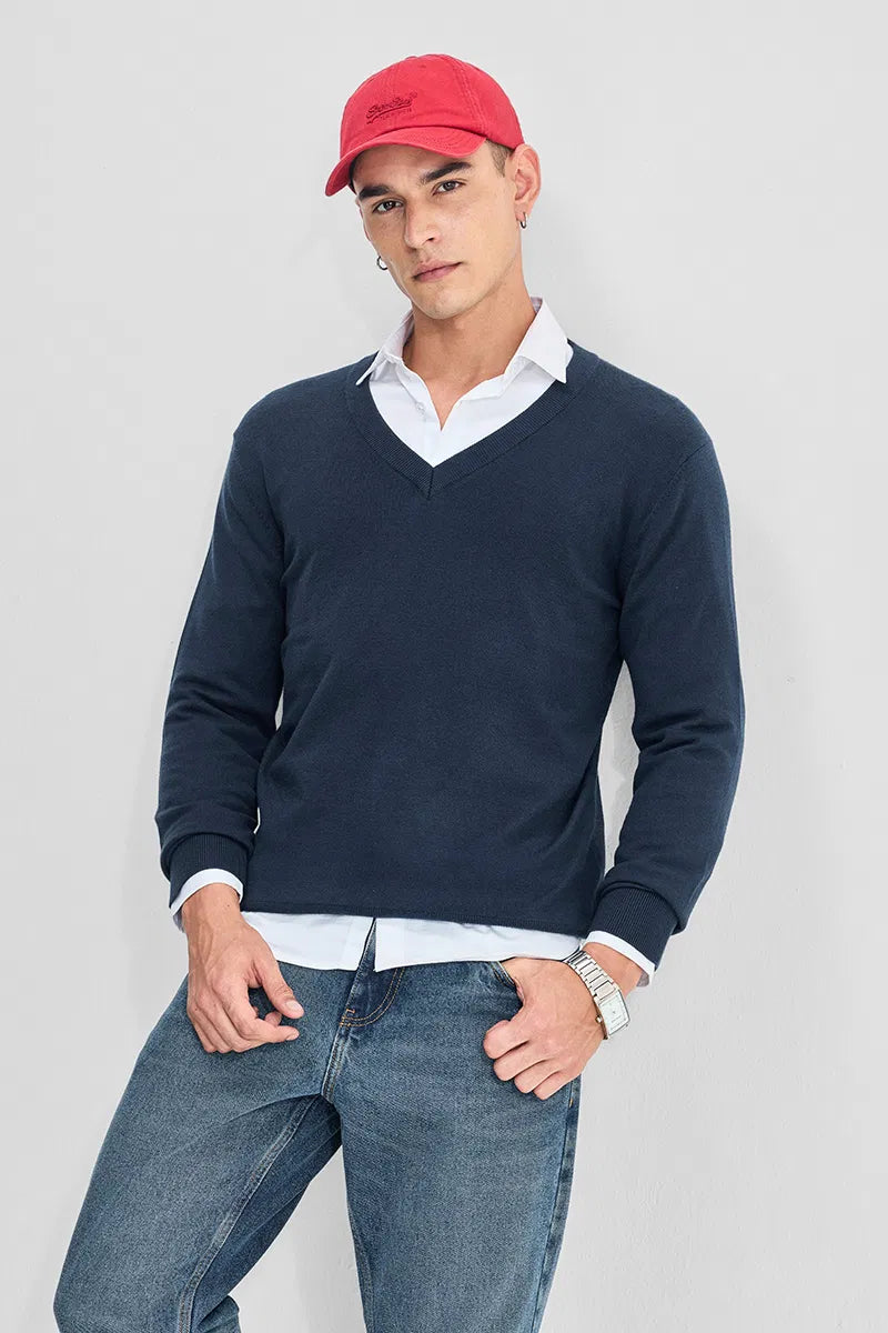 Navy Classic V Neck Pullover