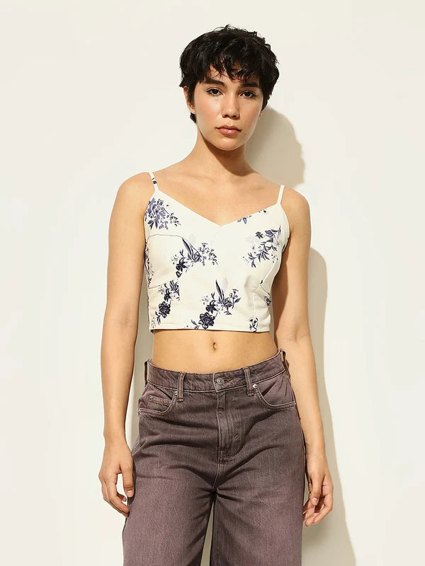 White Printed Co-Ord Set Crop Top