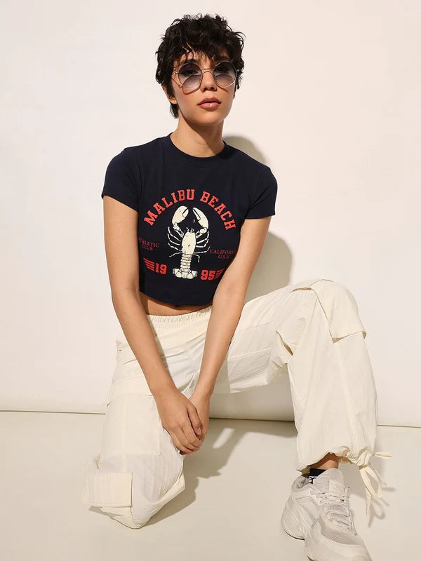 Dark Navy Ribbed Cropped T-Shirt