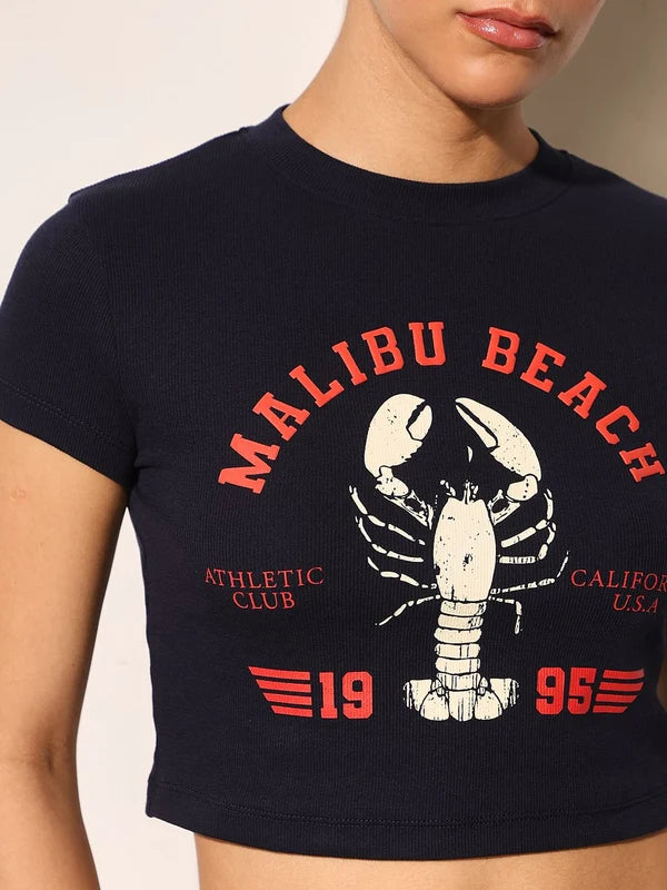 Dark Navy Ribbed Cropped T-Shirt