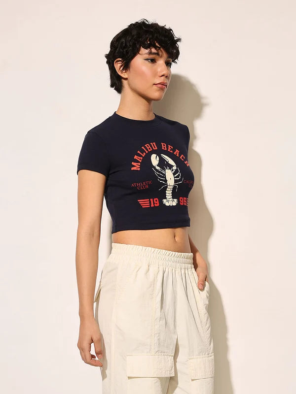 Dark Navy Ribbed Cropped T-Shirt